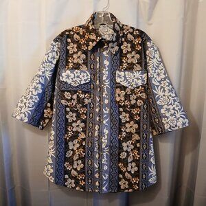 New Mens Hawaiian Shirt M Snap up Lotus Floral print Blue Black Tan short sleeve